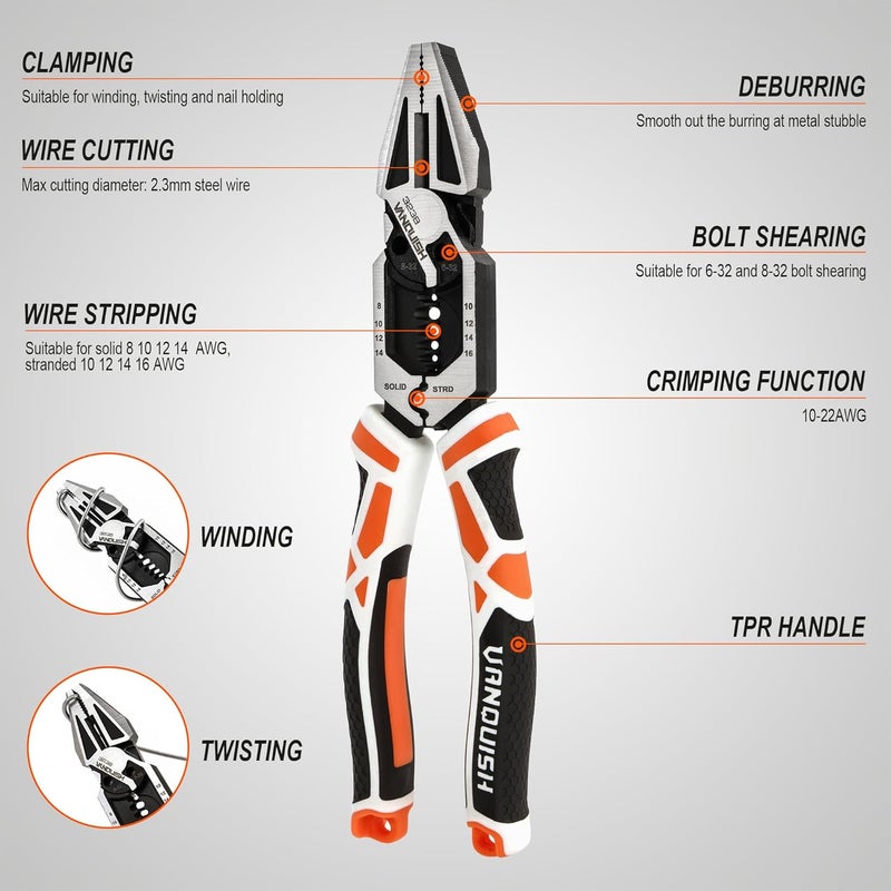 Vanquish 8-in-1 Linesman Pliers, 8’’ Multipurpose Combination Pliers Wire Cutter/Crimper/Stripper, CRV Steel Hand Tool, Heavy Duty Side-Cutting Pliers for Crimping, Stripping, Shearing, Screwing, 3238 - Image 3